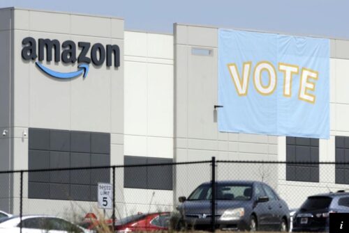Amazon warehouse with Vote banner